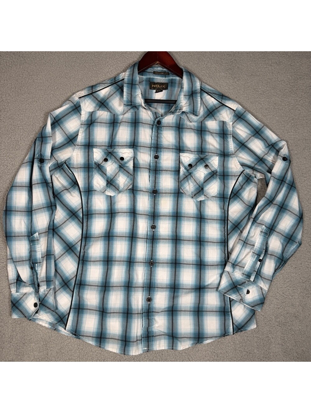 Helix Men's Size XXL Athletic Fit Blue Turquoise Plaid Long Sleeve Button Shirt